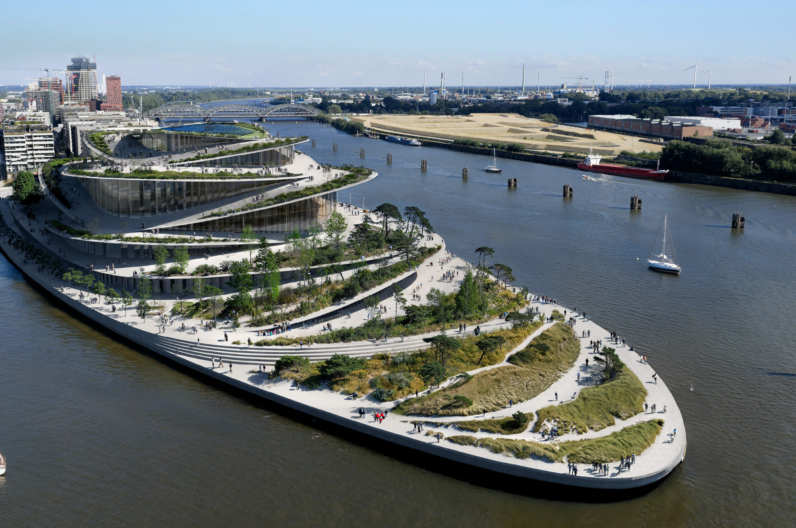 Blick auf die geplante Kühne-Oper, im Hintergrund die Elbbrücken und der nicht fertigestellte Elbtower.