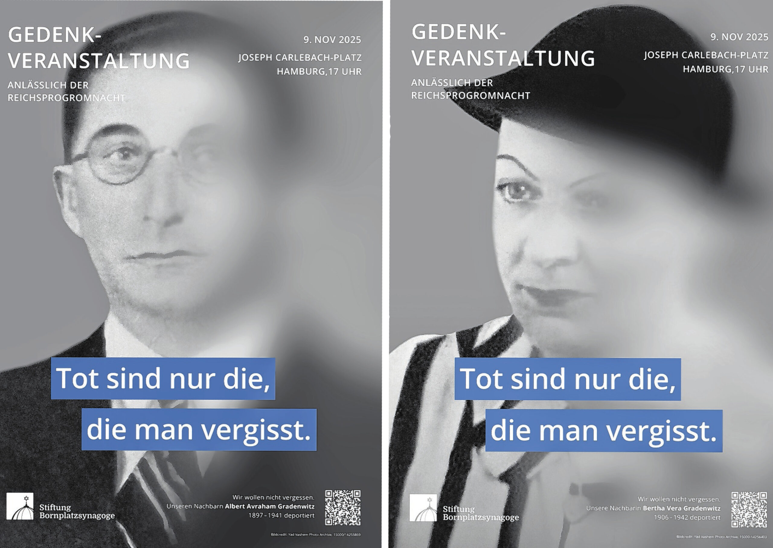 Auf diesen Plakaten zur Gedenkveranstaltung sind Albert Gradenwitz und seine Ex-Frau Bertha Vera Gradenwitz zu sehen. Die genauen Todesorte sind unbekannt.