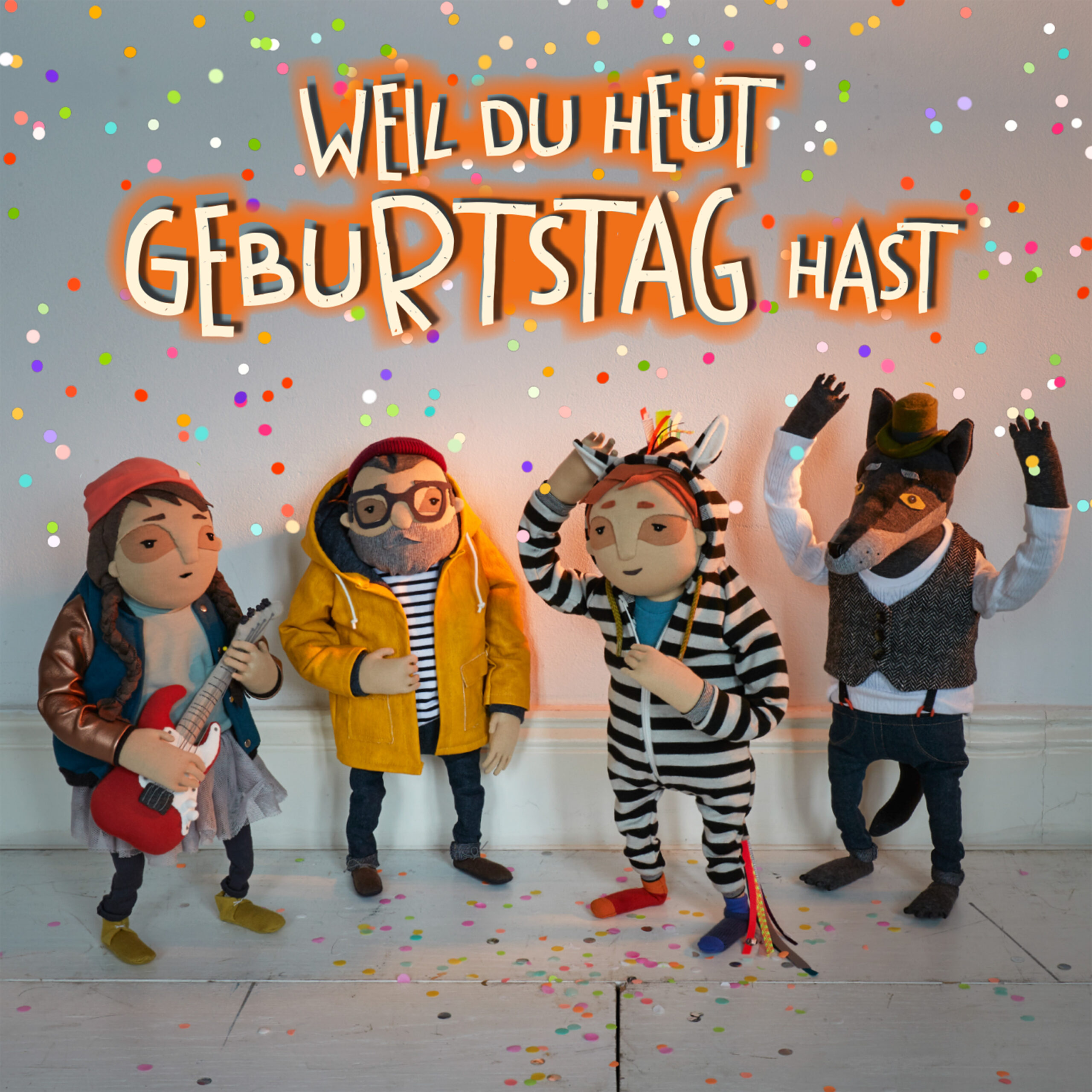 Cover der Single, darauf zu sehen sind vier Figuren im Konfettiregen