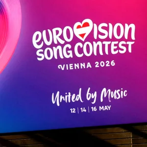 Das Logo zum Eurovision Song Contest (ESC) - Vienna 2026 ist im Rahmen des Pressetermins «Medienupdate zum Eurovision Song Contest» in der Wiener Stadthalle zu sehen.