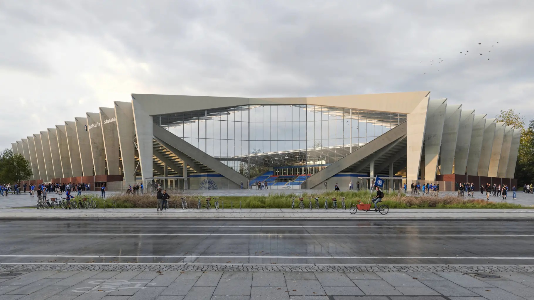 So soll das neue Holstein-Stadion von außen aussehen: Die Glasecken sorgen für Diskussionen bei den Fans von Holstein Kiel.