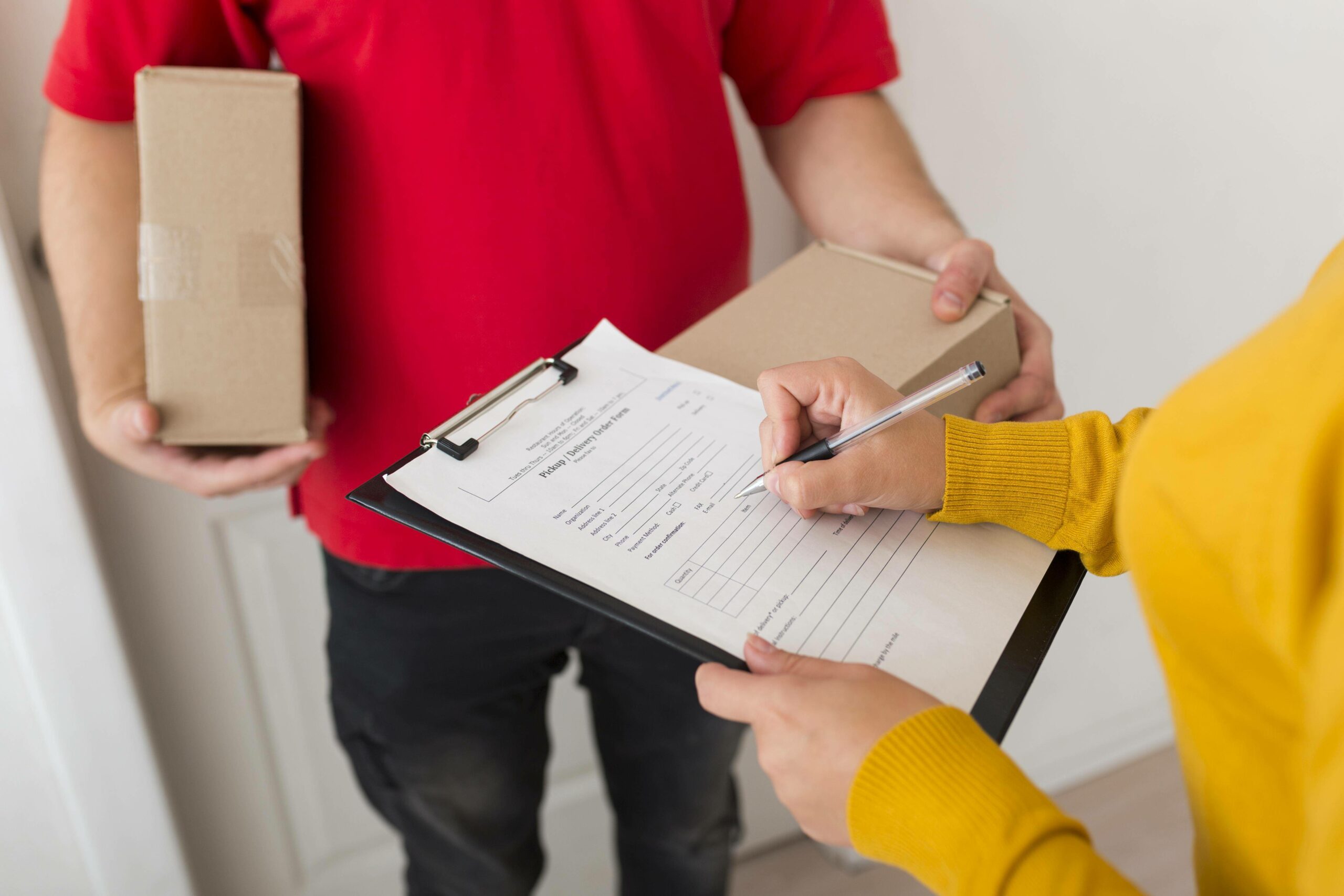 Frau unterschreibt Lieferschein