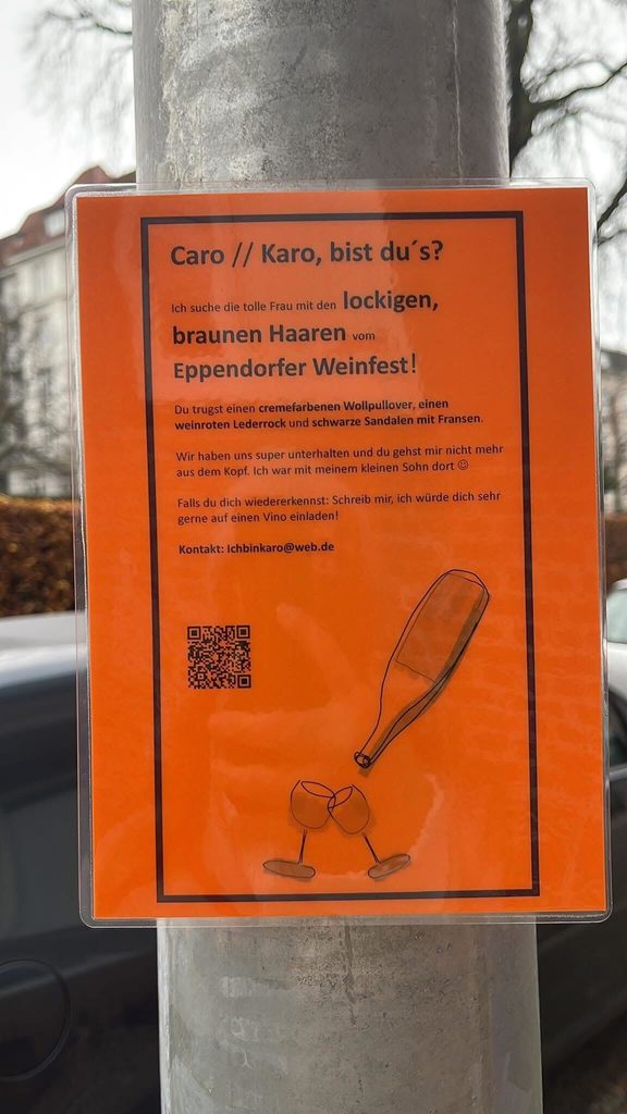 Mit diesem Plakat sucht der verliebte Hamburger nach seiner Karo.