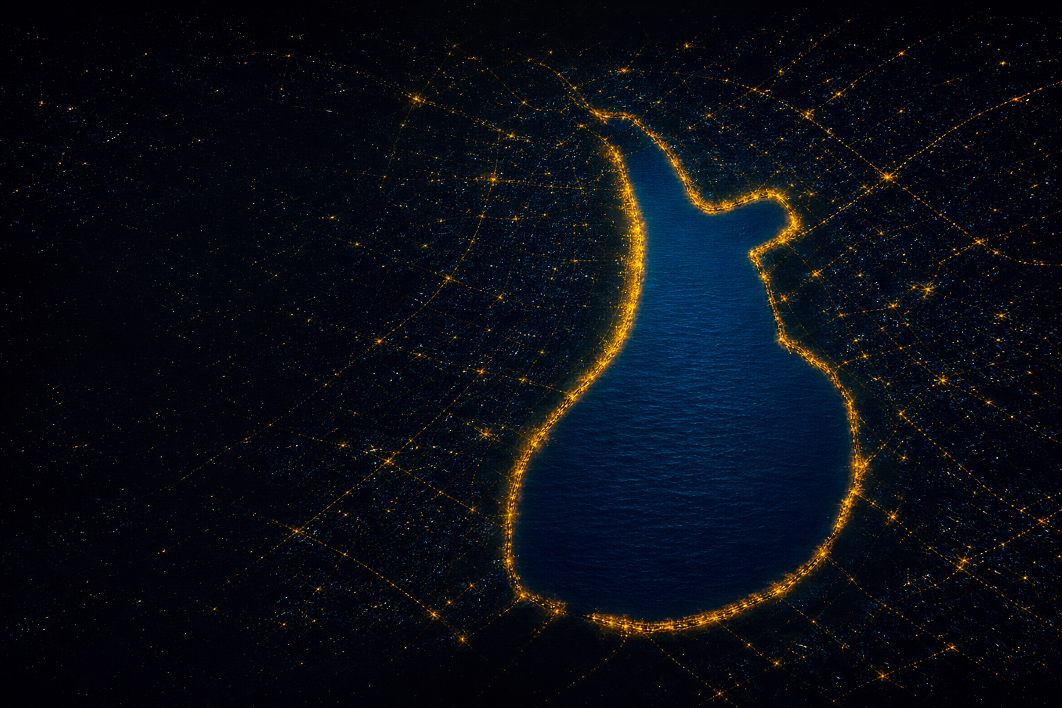 Luftaufnahme der Alster. Viele Lichter erleuchten den Rand der Außenalster.