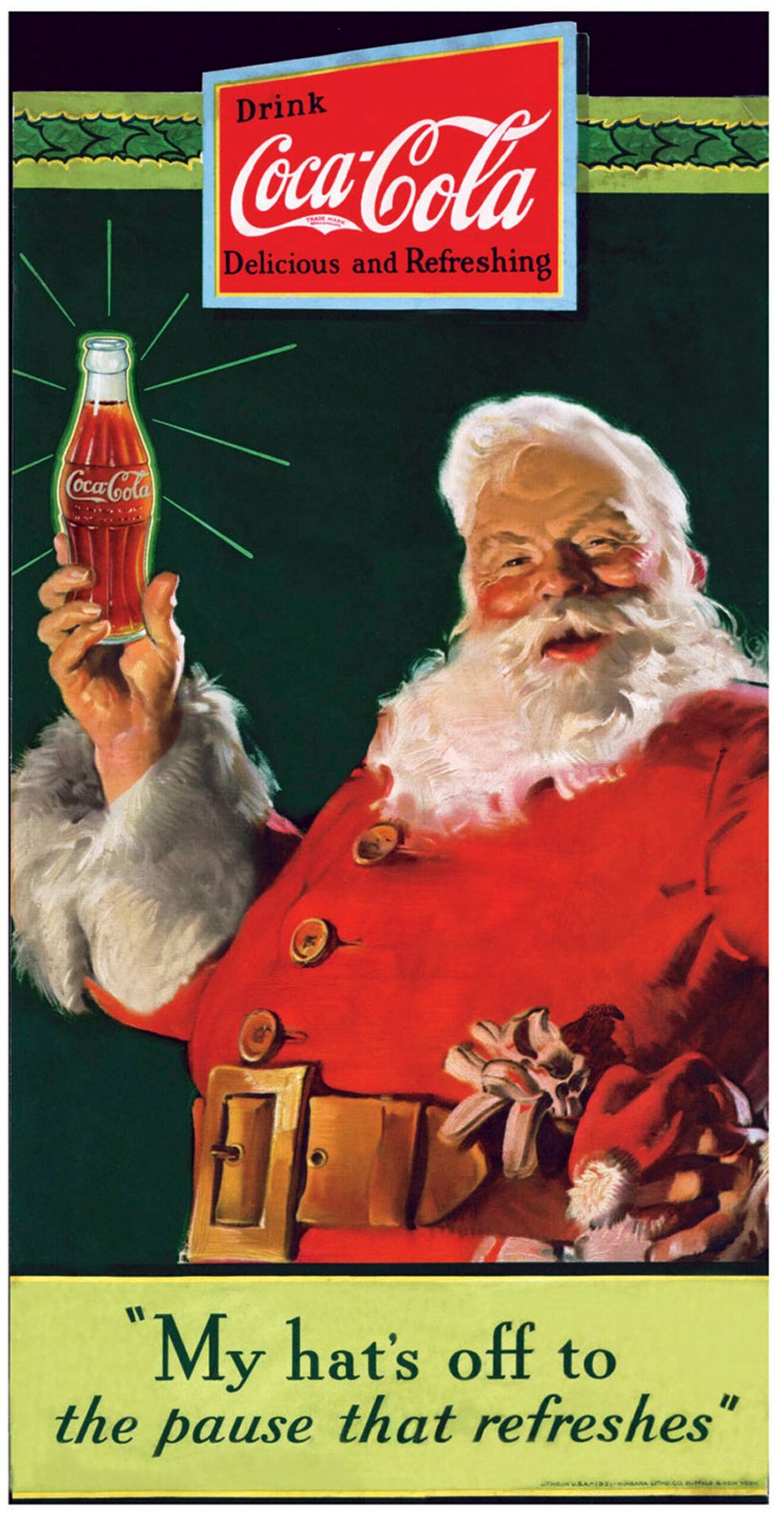 Coca-Cola-Werbung von 1931, ein Weihnachtsmann hält eine Flasche Coca-Cola hoch.