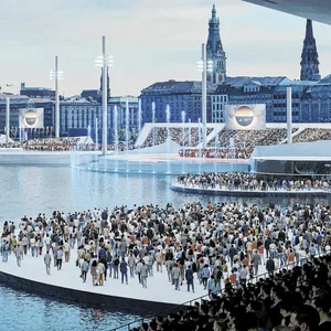 So könnte eine Eröffnungsfeier an der Binnenalster laut Visualisierung mal aussehen.