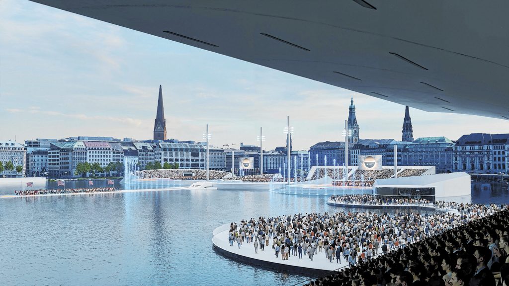 So könnte eine Eröffnungsfeier an der Binnenalster laut Visualisierung mal aussehen.