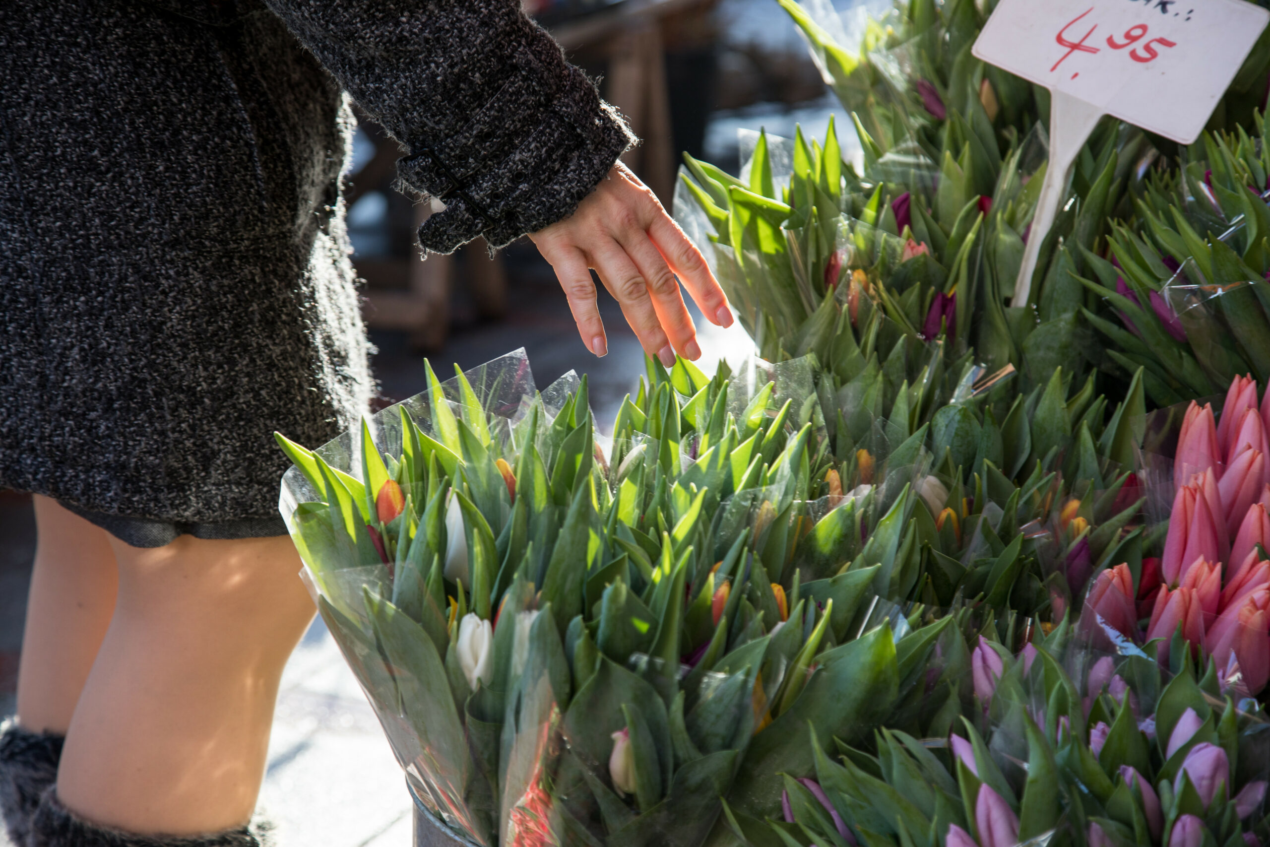 Eine Person steht vor verschiedenen Blumen.