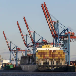 Ein Containerschiff liegt im Hamburger Hafen.