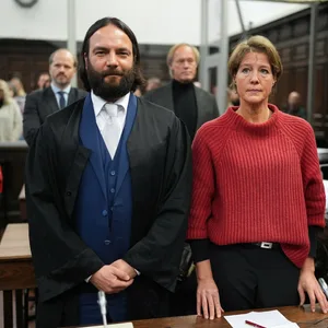 Christina Block (r.) und Gerhard Delling (hinten r.) stehen mit ihren Anwälten im Gerichtssaal.