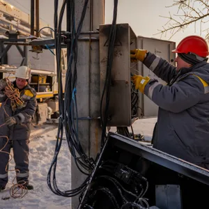 Elektriker reparieren einen Strommast in der Region Kiew.