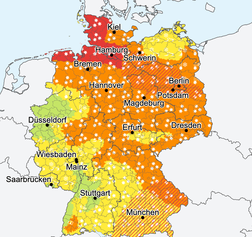 Die Warn-Wetterkarte des DWD zeigt mit Farben, wie ernst die Winterlage ist.