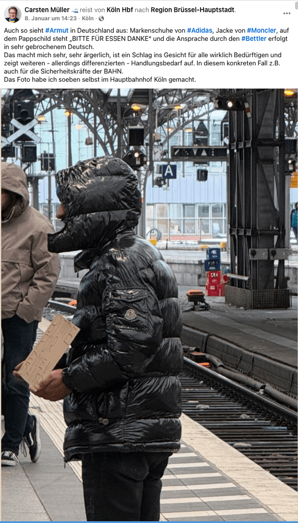 Der Facebook-Post von CDU-Politiker Carsten Müller zu einem Bettler am Kölner Hauptbahnhof.