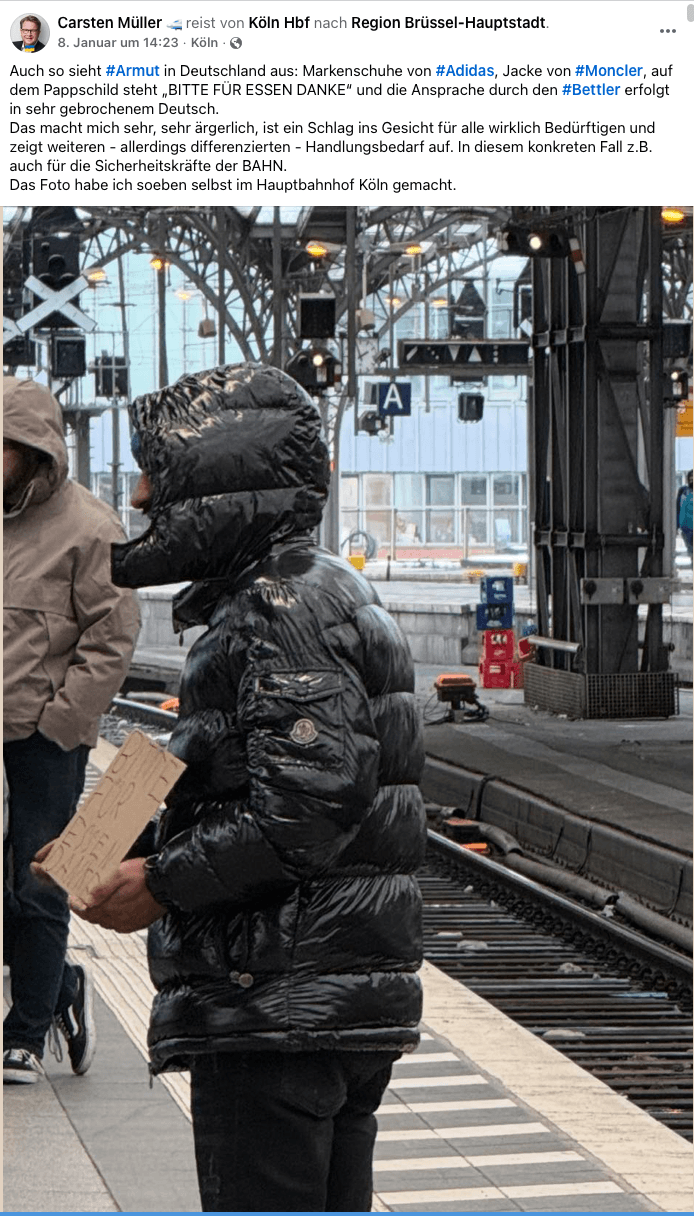 Der Facebook-Post von CDU-Politiker Carsten Müller zu einem Bettler am Kölner Hauptbahnhof.