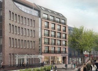 So soll das Aparthotel einmal aussehen (Gebäude rechts).