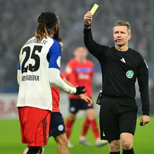 Schiedsrichter Tobias Welz zeigt HSV-Profi Jordan Torunarigha die Gelbe Karte.