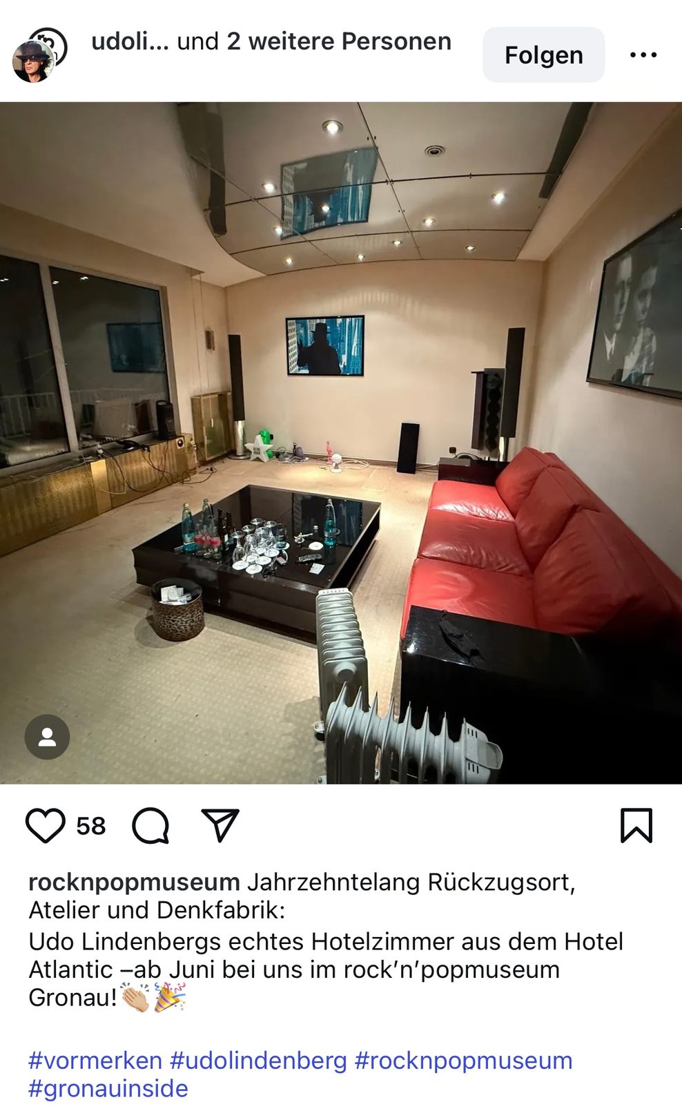 Dieses Foto von Udo Lindenbergs Hotelzimmer postete das Museum: „Jahrzehntelang Rückzugsort, Atelier und Denkfabrik“.