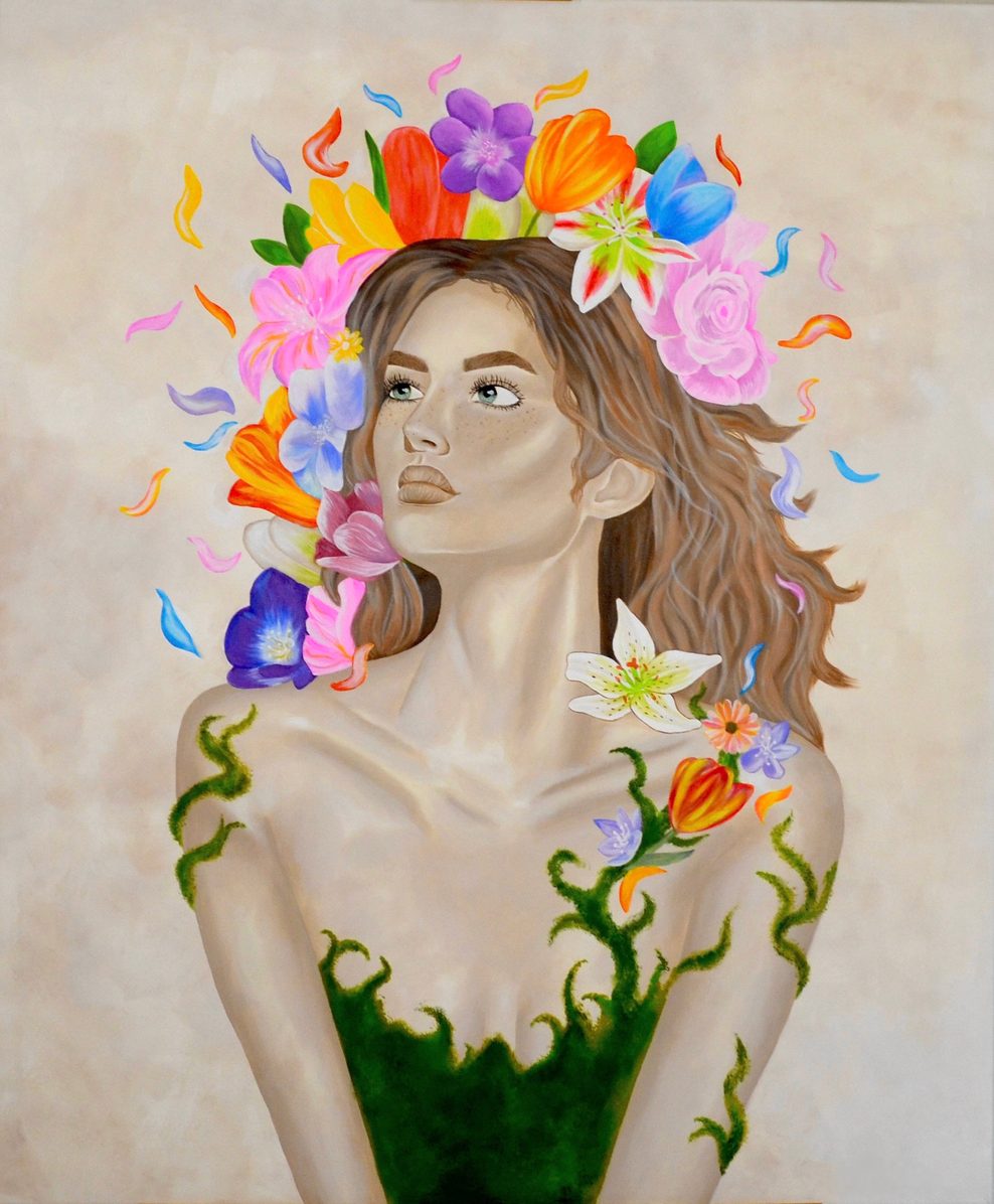 Gemälde einer Frau mit einem Blumenkranz auf dem Kopf.