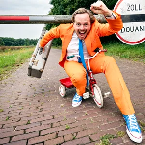Patrick Nederkoorn fährt auf einem Dreirad über einen Grenzübergang zwischen Deutschland und der Niederlande.