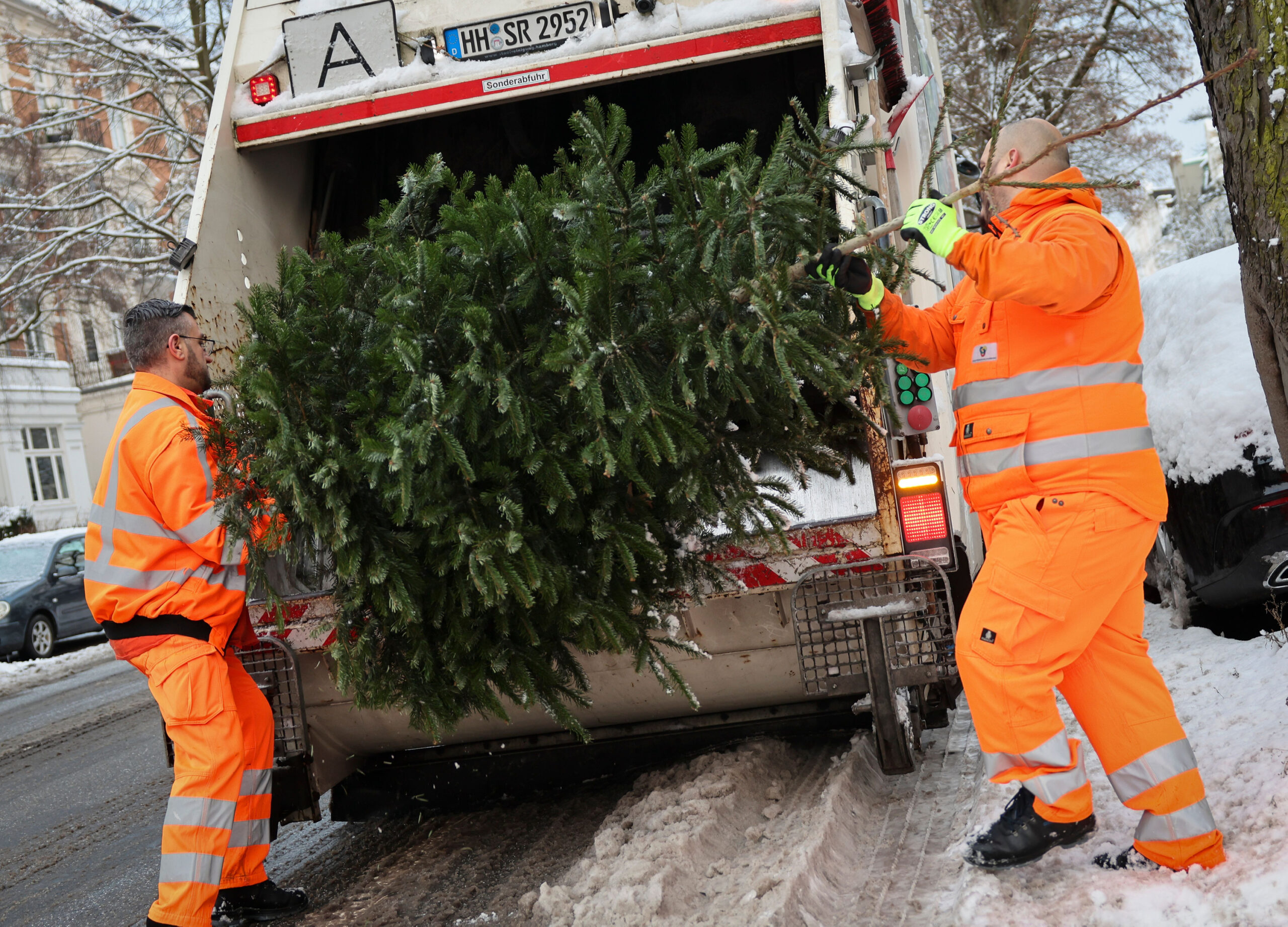 Mitarbeiter der Stadtreinigung sammeln Weihnachtsbäume ein