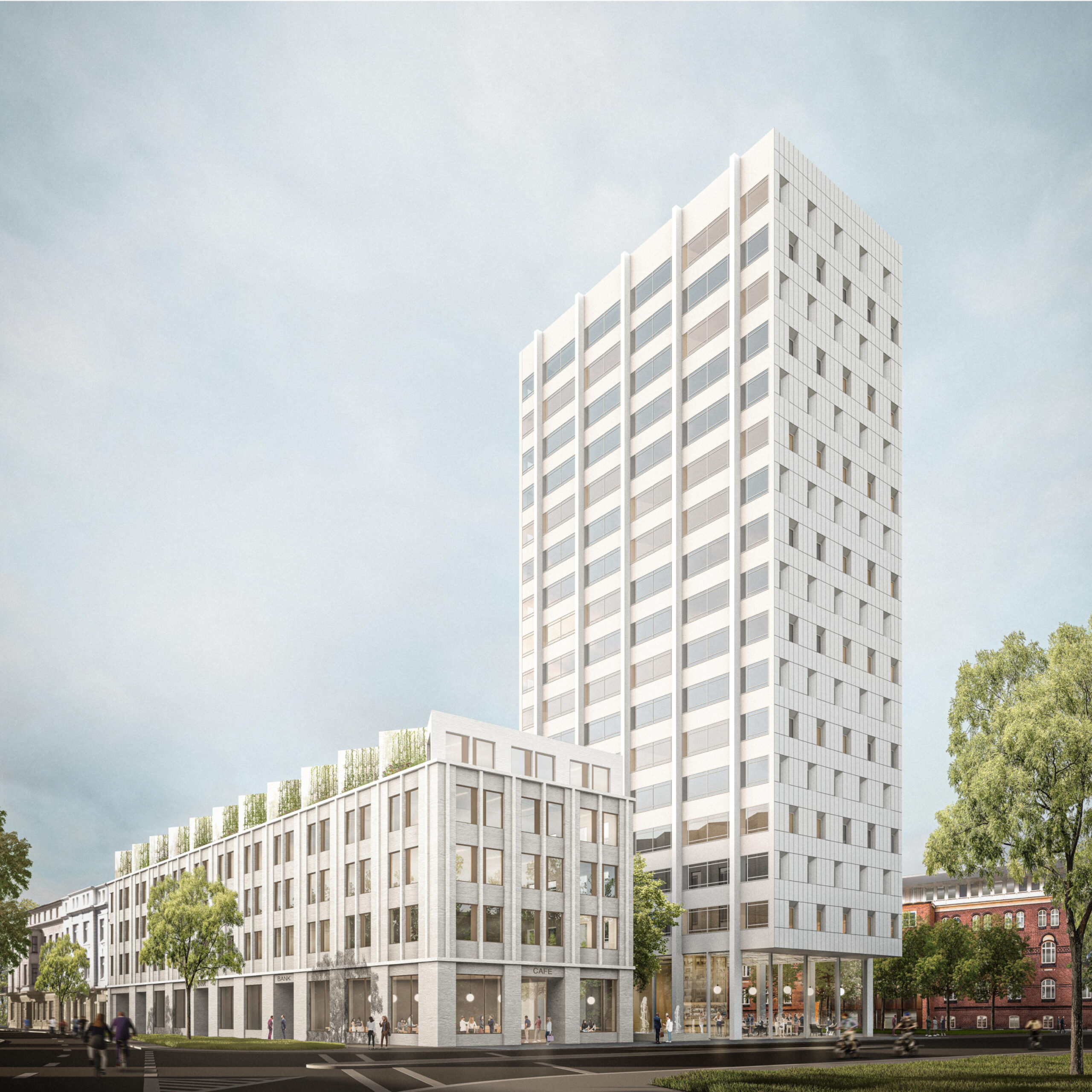 Visualisierung eines weißen Hochhauses