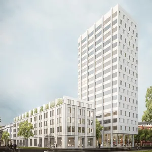 Visualisierung eines weißen Hochhauses