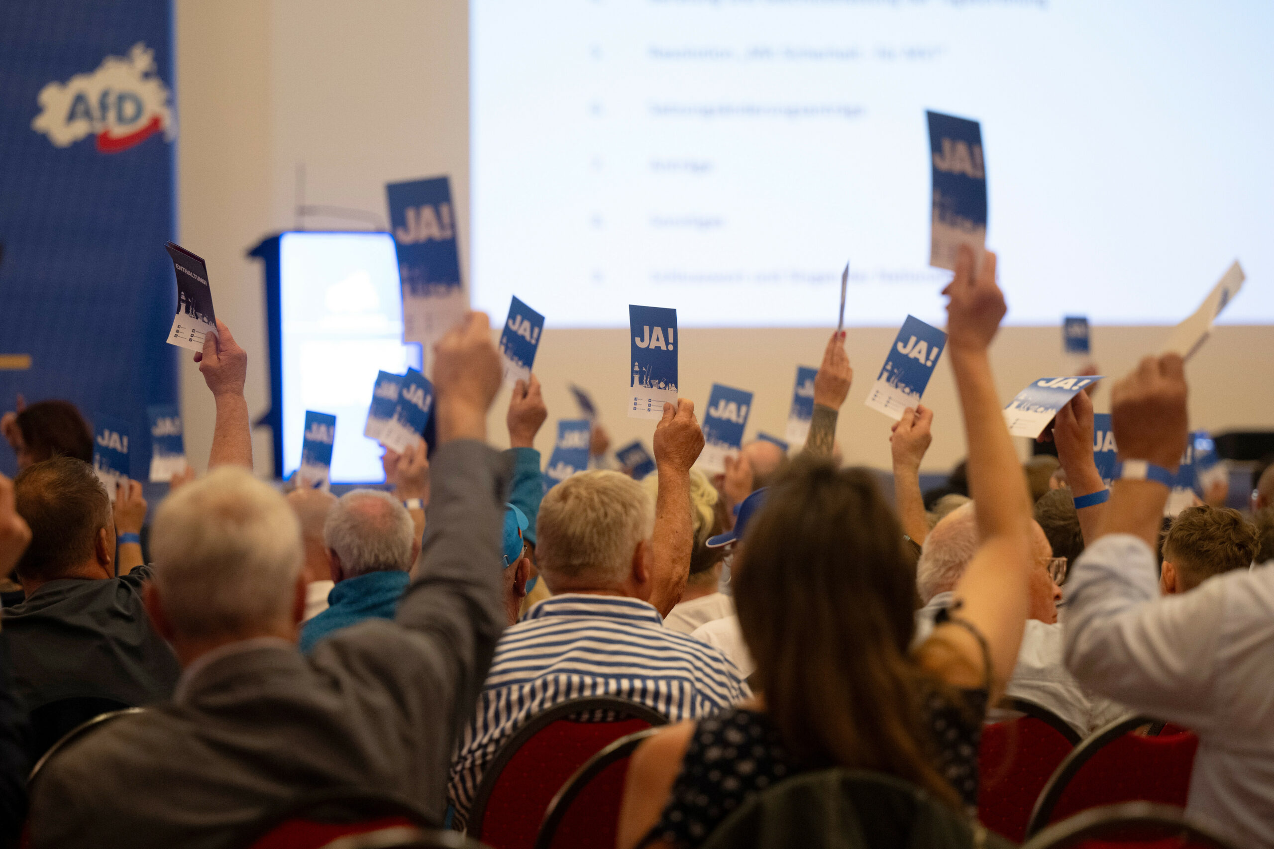 Mitglieder der AfD Mecklenburg-Vorpommern stimmen auf einem Landesparteitag ab. Einer aktuellen Wahlumfrage nach liegt die Partei deutlich vorn.