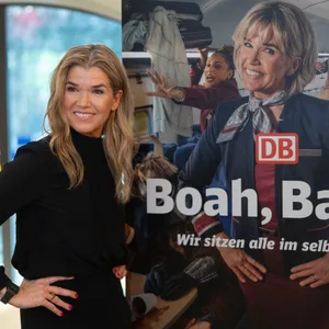 Entertainerin Anke Engelke präsentiert ein Poster der Webserie der Deutschen Bahn.