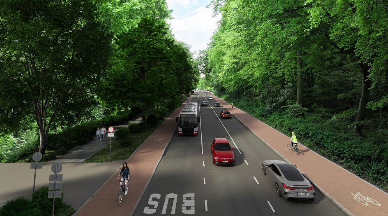 So soll die Rodigallee künftig aussehen: Zwei Fahrspuren für alle, eine Fahrspuren für Busse und Fahrgemeinschaften und breite Radwege.