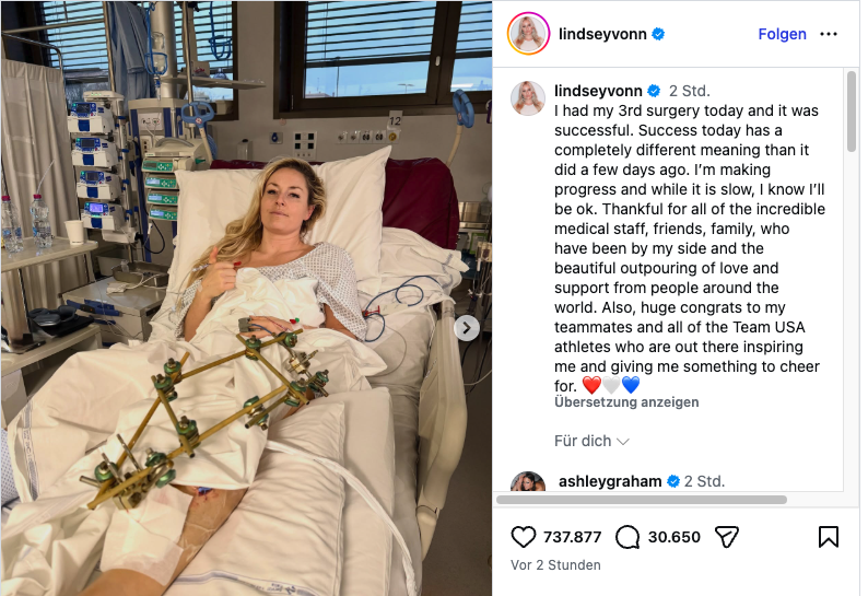 Nach ihrer dritten Operation hat sich Ski-Superstar Lindsey Vonn aus dem Krankenhaus gemeldet.