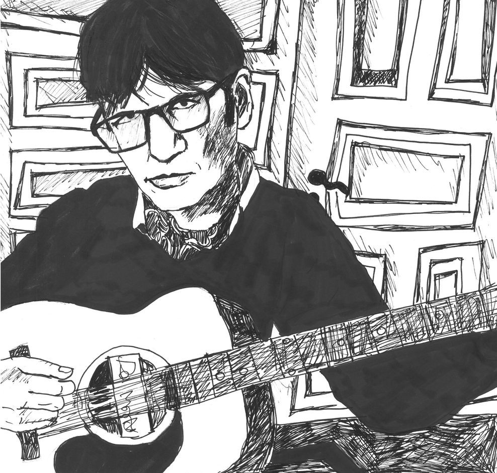 Illustration von einem Mann, der auf einer Gitarre spielt.