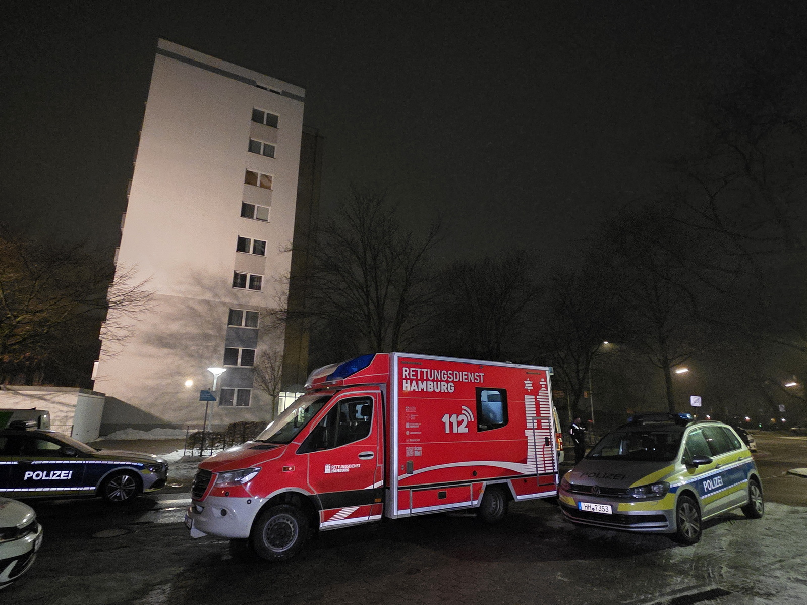 Fahrzeuge der Polizei und Feuerwehr am Tatort in Hausbruch.