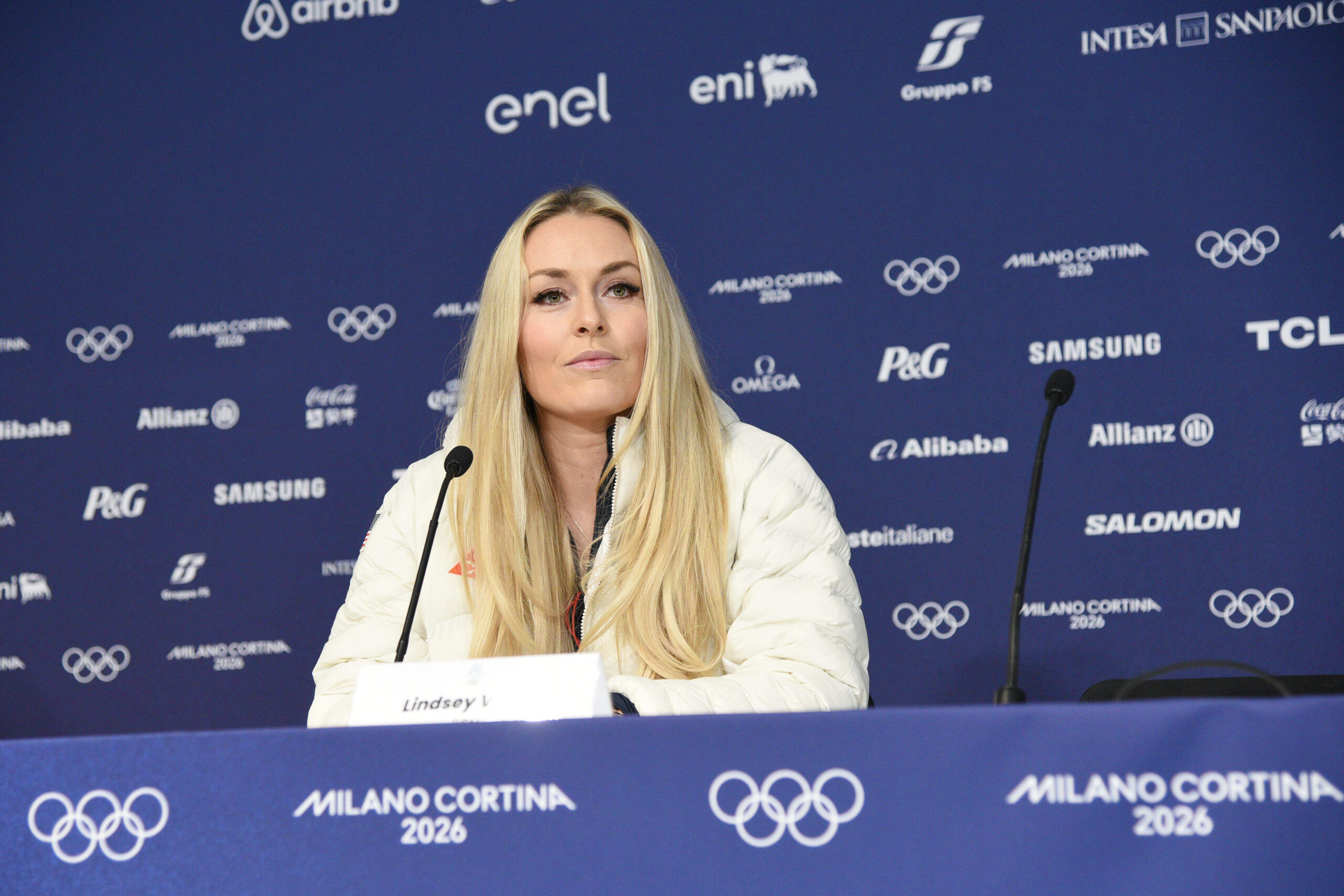 Lindsey Vonn auf einer Pressekonferenz der olympischen Winterspiele in Mailand