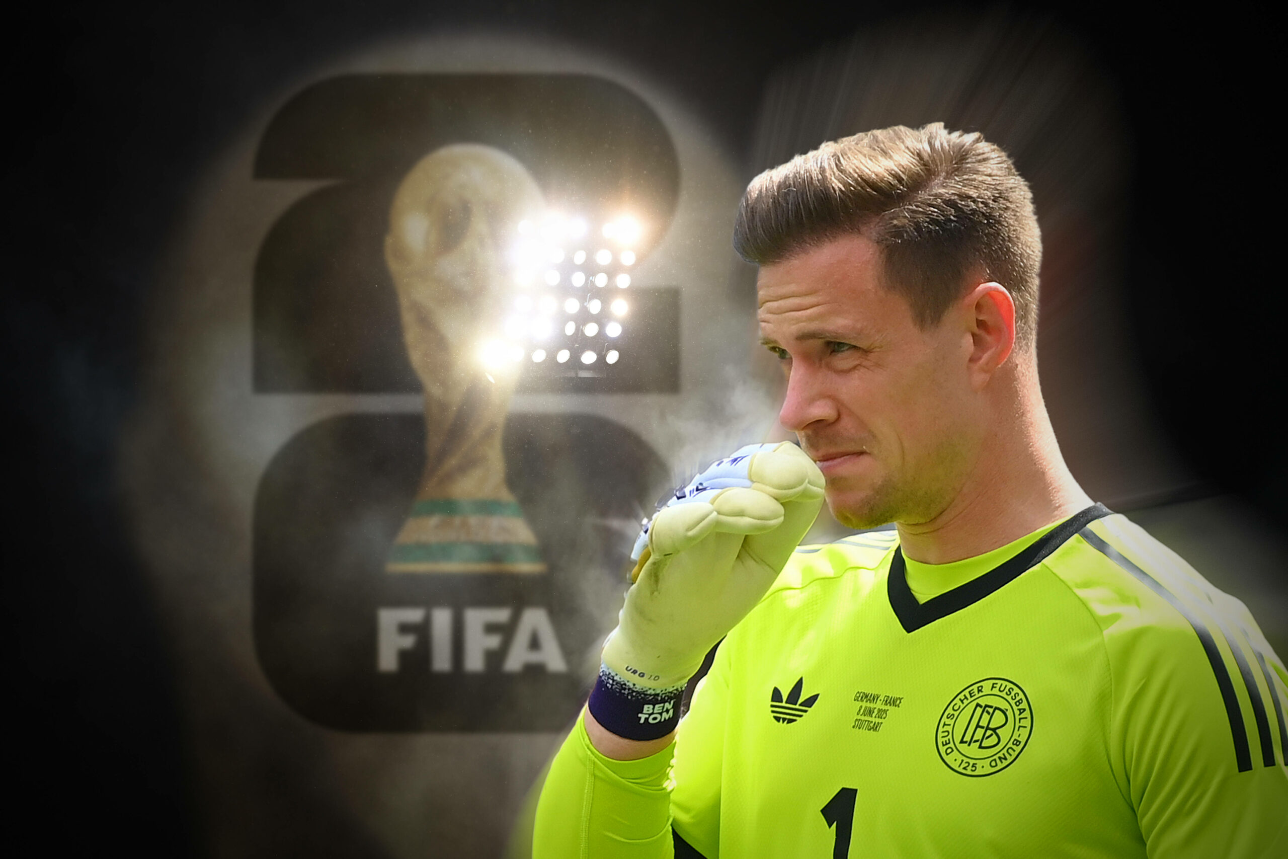 Marc André ter Stegen ist zusammen mit einem WM-Pokal als Fotomontage zu sehen.