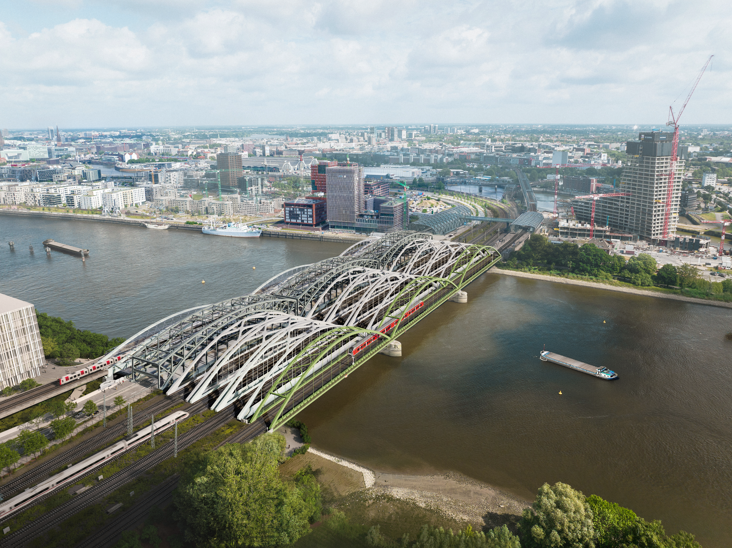 Eine wahre Brückenarmada: So soll das neue Ensemble an der Norderelbe einmal aussehen.