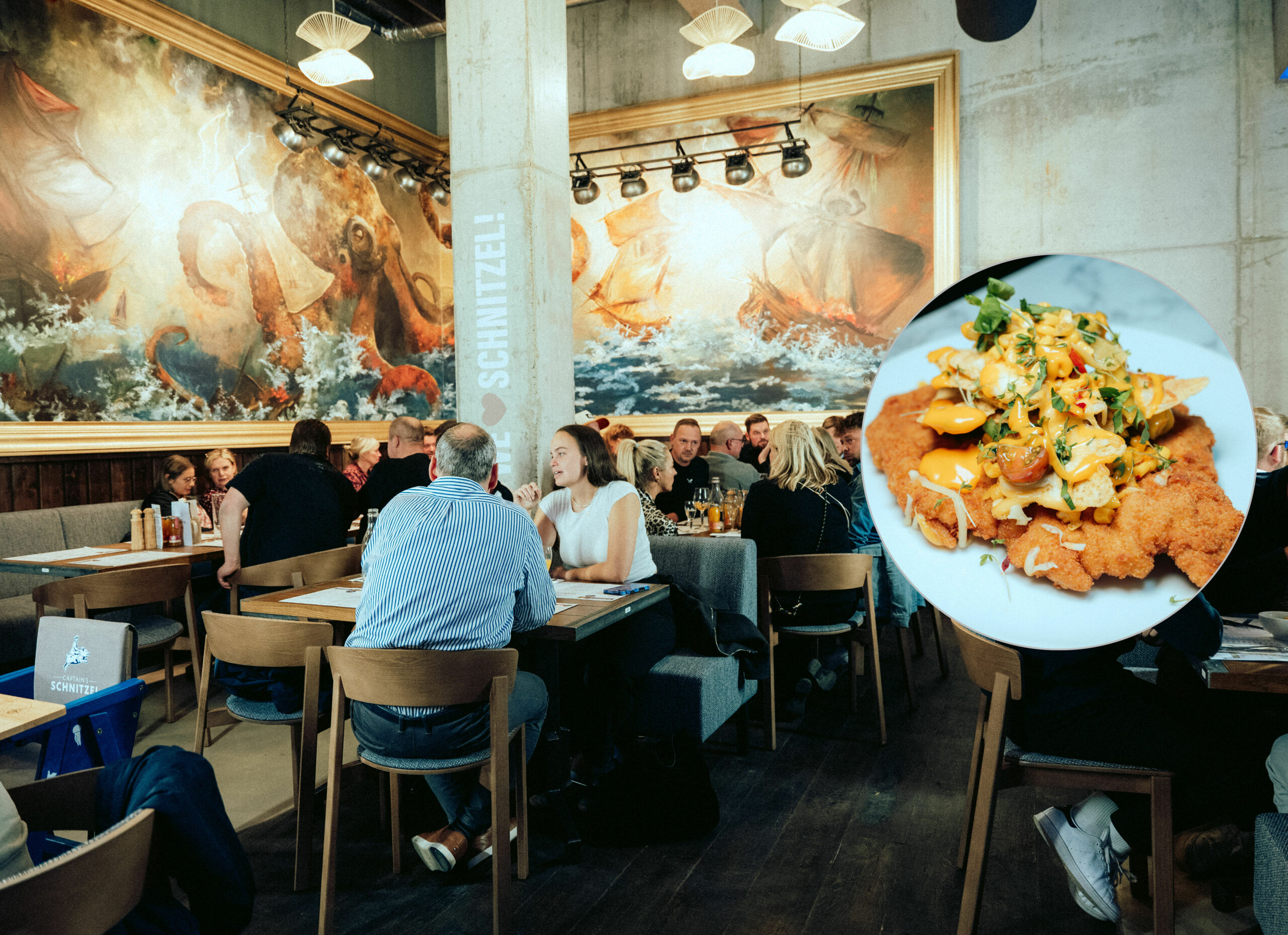 So sieht es im „Captain’s Schnitzel“ in der Rostocker Innenstadt aus. Kleines Foto: ein Schnitzel mit Nachos als Topping.