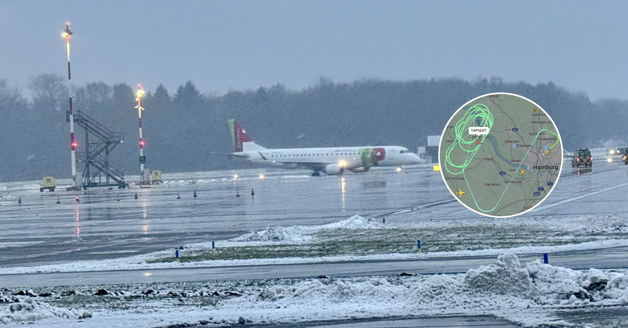 Die TAP-Maschine kreiste stundenlang über dem Norden, bevor sie wieder in Hamburg landen konnte.
