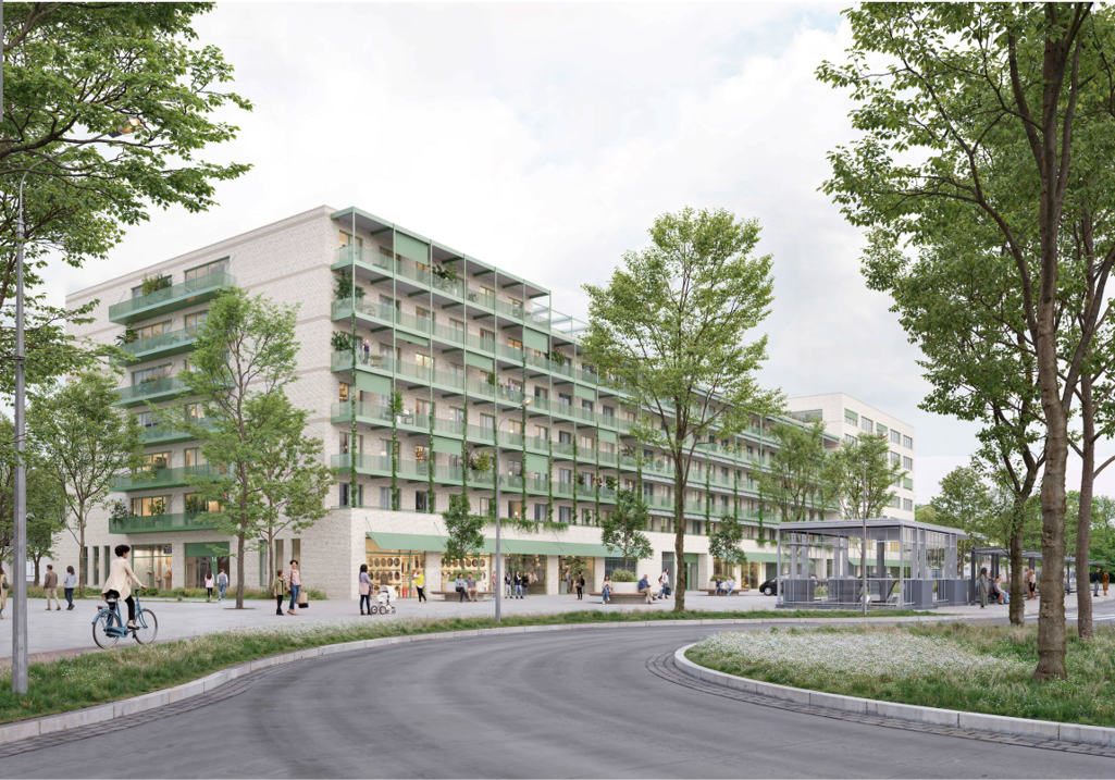 Visualisierung eines hellen Gebäudes mit grünen Laubengängen