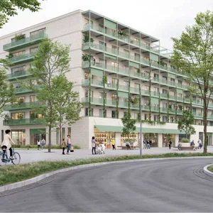 Visualisierung eines hellen Gebäudes mit grünen Laubengängen