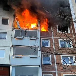 Flammen schlagen aus dem Sonnenblumenhaus in Rostock.
