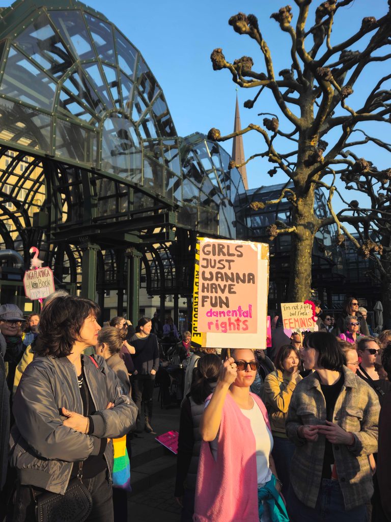 Eine Demonstrantin hält ein Schild mit der Aufschrift „Girls just wanna have fundamental rights“.