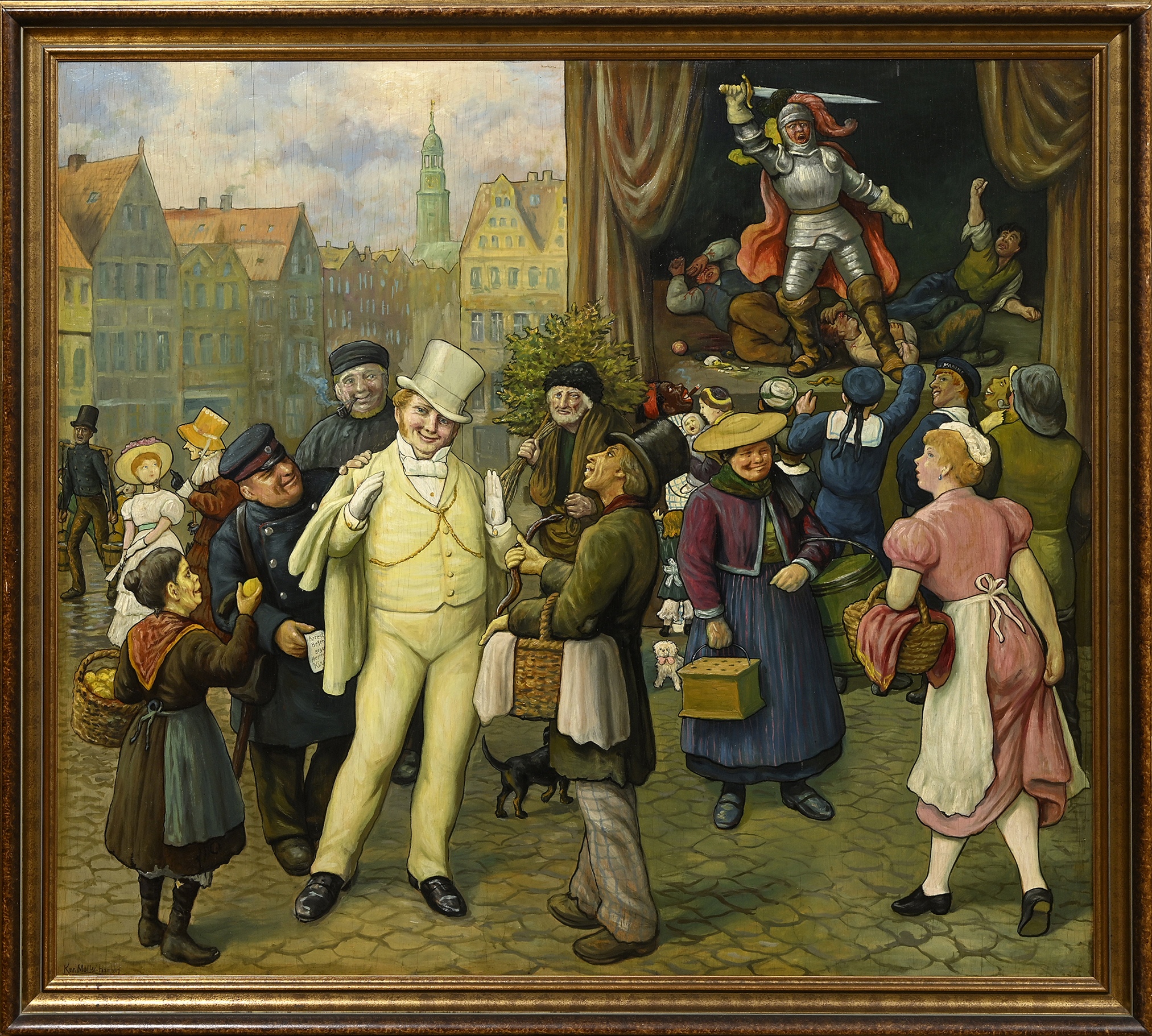 Hamburger Originale vereint: Auf dem Gemälde von Karl Josef Müller sind unter anderem Hummel, Zitronenjette, Aal-Weber und „Vetter Kirchhoff“ zu sehen – das Werk kommt jetzt in Hamburg unter den Hammer.