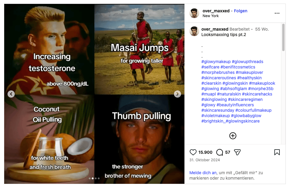Ein Screenshot von einem Instagram-Beitrag. Darauf sind vier Tipps, nämlich mehr Testosteron zu nehmen, Massai Sprünge zu machen, eine Kokosöl-Behandlung und mit den Daumen den Kiefer aufzudrücken. 