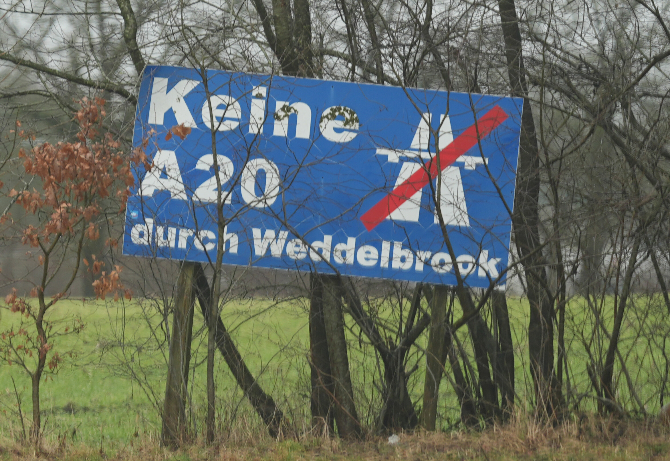 Ein Plakat gegen den Bau der Autobahn A20 steht auf einem Feld.