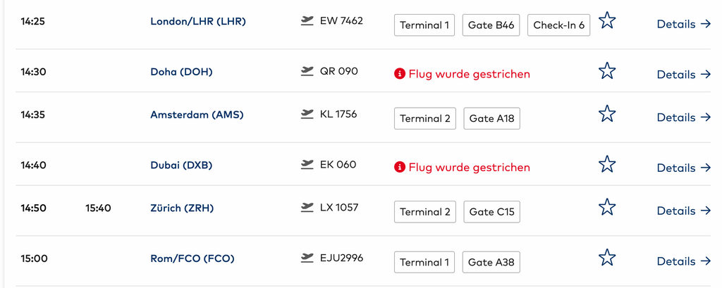 Bildschirmfoto der Abflugliste vom Flughafen Hamburg.