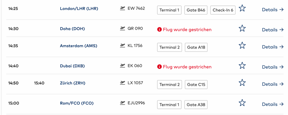 Bildschirmfoto der Abflugliste vom Flughafen Hamburg.