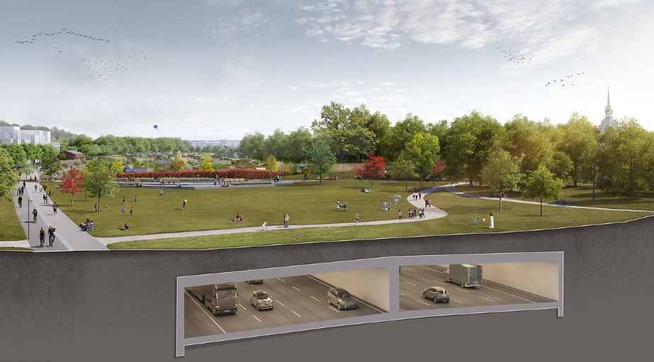 Der geplante A7-Deckel in Altona inklusive dem Park darüber, hier in Höhe des Lutherparks.