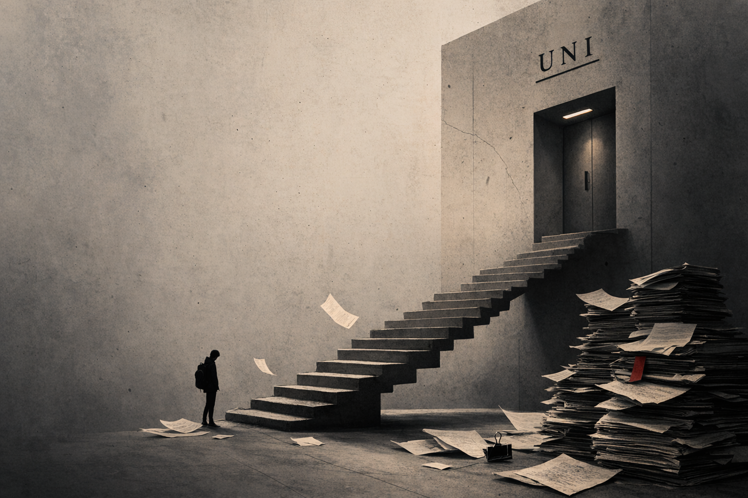 Minimalistische Illustration: Ein Student steht vor einer schmalen Treppe, die zu einer Tür mit der Aufschrift „UNI“ führt; daneben türmen sich Papierstapel und herumfliegende Dokumente.