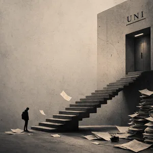 Minimalistische Illustration: Ein Student steht vor einer schmalen Treppe, die zu einer Tür mit der Aufschrift „UNI“ führt; daneben türmen sich Papierstapel und herumfliegende Dokumente.
