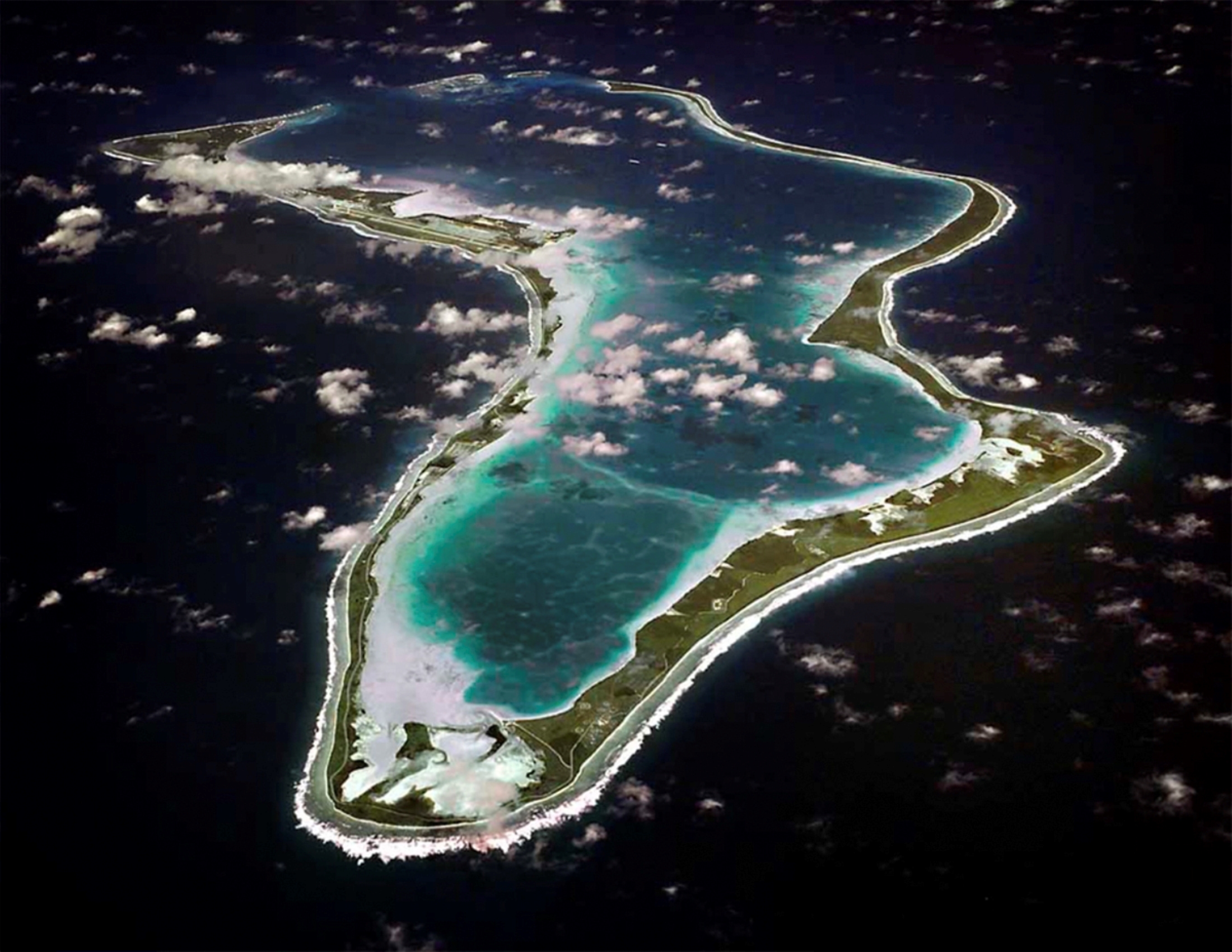 Luftaufnahme von Diego Garcia, einem Atoll des Chagos-Archipels.